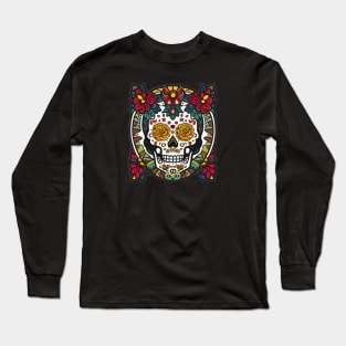 Wreath of Life: Colorful Flower Skull Art in a Joyful Celebration Long Sleeve T-Shirt